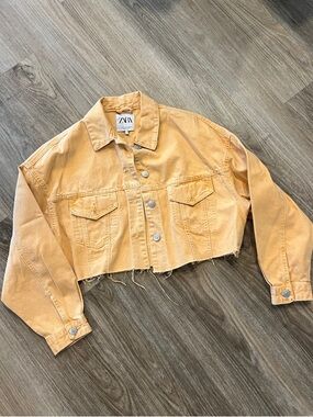 ZARA Cropped Denim Jacket in Washed Apricot